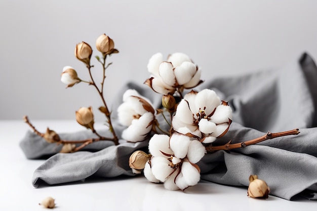 Ramo di fiore di pianta di cotone con tessuto grigio su sfondo bianco