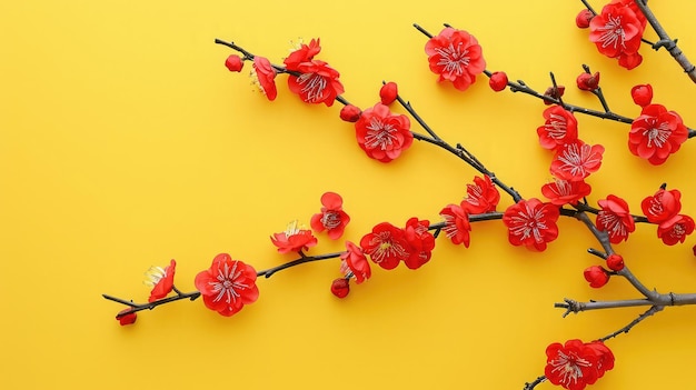 Ramo di fiori di albicocca rossa su sfondo giallo Decorazione piatta del capodanno cinese