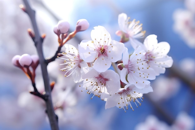 Ramo di fiori di ciliegio contro il primo piano del cielo blu