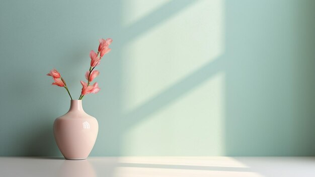 Ramo di fiori di ciliegio in vaso sul tavolo e sfondo verde della parete