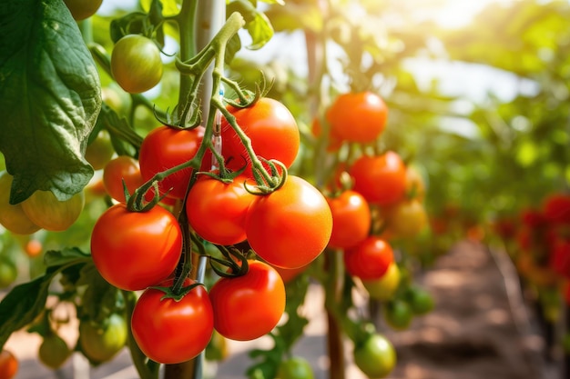 Ramo di pomodori maturi biologici freschi che crescono in serra digitale ai