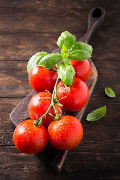 Ramo di pomodori maturi naturali e foglie di basilico