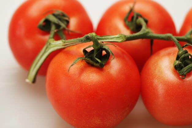 Ramo di pomodoro maturo sopra bianco vicino