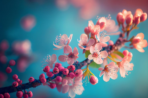 Ramo di sakura in fiore contro il cielo blu Illustrazione Generative AI