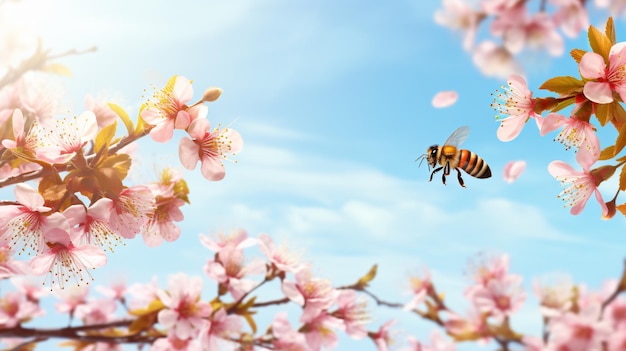 Ramo di un albero in fiore Piccole api dolci che volano