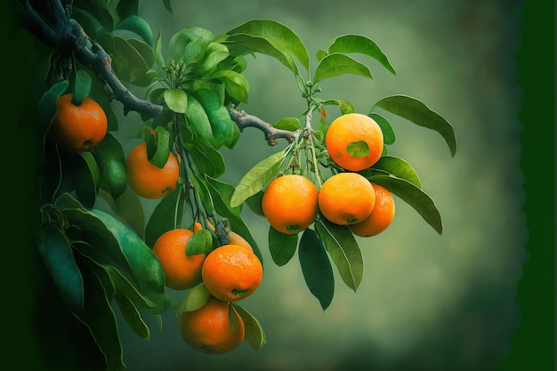 Ramo nel giardino che tiene i mandarini su uno sfondo verde