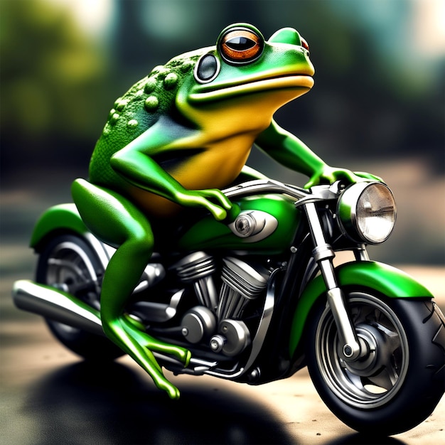 rana alla guida di motocicletta nera rana nera in abito di pelle verde pura perfezione presenza divina