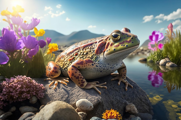 Rana colorata in piedi sulla roccia circondata da fiori e sfondo del fiume Generativo Ai