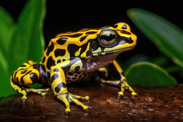 rana colorata nera e gialla seduta su una roccia