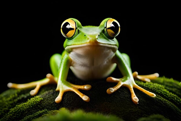 Rana con gli occhi gialli seduta su una foglia verde