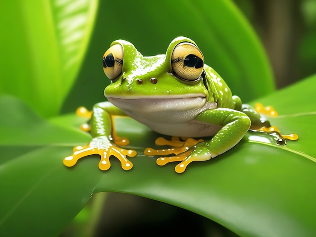 Rana d'albero dagli occhi rossi seduta su una foglia nella foresta pluviale tropicale generata artificialmente