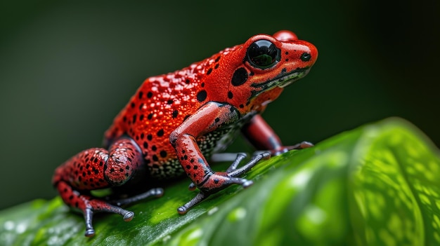 Rana rosso brillante sul bordo della foglia CloseUp con sfondo verde ombreggiato