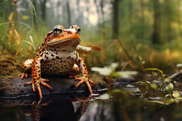 rana seduta sulla pietra nel paesaggio naturale vicino al lago ai generativa