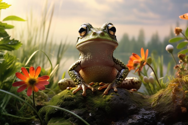 rana seduta sulla pietra nel paesaggio naturale vicino al lago ai generativa