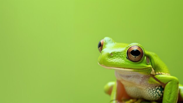 Rana verde con grandi occhi su uno sfondo verde semplice che guarda verso il lato