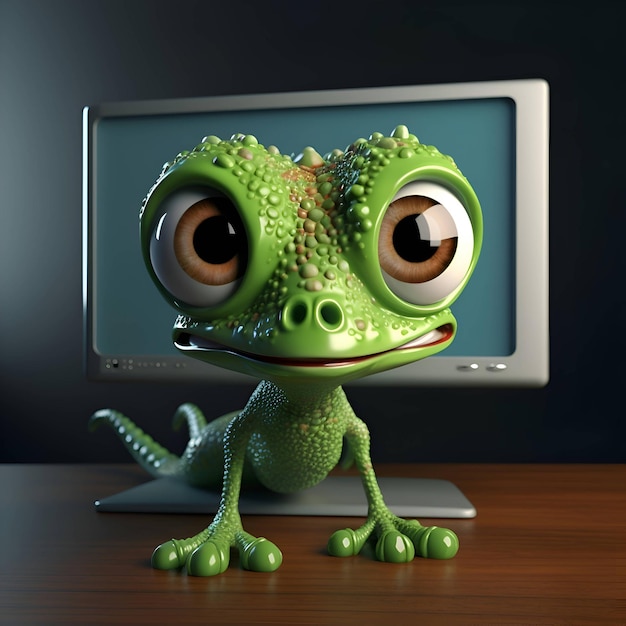 Rana verde davanti a un'illustrazione 3d del monitor di un computer