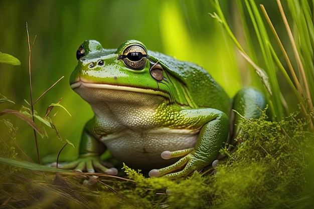 Rana verde seduta sull'erba verde nella foresta creata con l'IA generativa