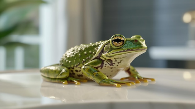 rana verde sulla vasca da bagno IA generativa