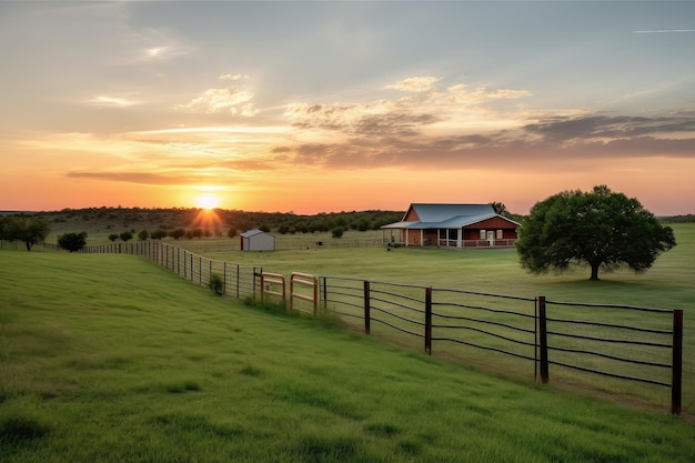 Ranch con ampia vista del tramonto circondato da campi e pascoli creati con intelligenza artificiale generativa