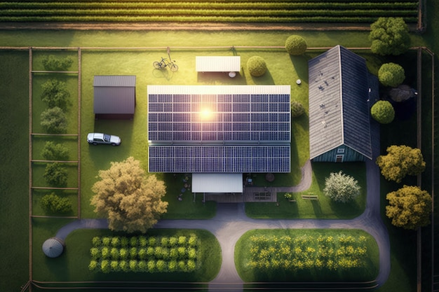 Ranch con impianto di pannelli solari fotovoltaici che utilizza energia solare AI