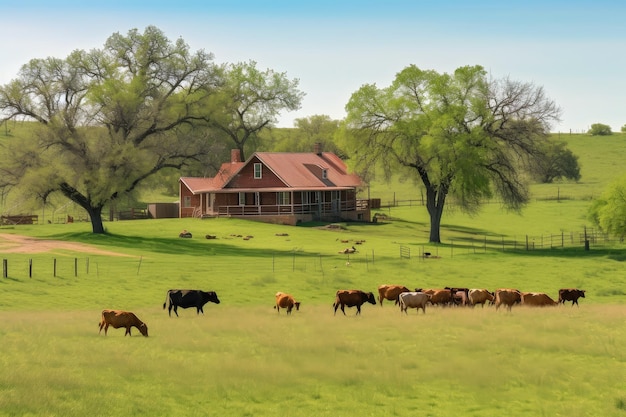 Ranch con vista su un pascolo verde ondulato e bestiame al pascolo creato con l'IA generativa