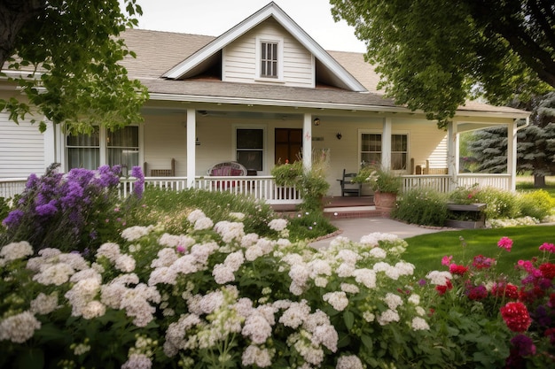 Ranch house con accogliente portico anteriore e altalena circondata da fiori che sbocciano