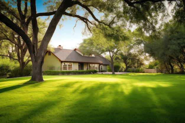 Ranch house con lussureggiante prato verde circondato da alberi creati con ai generativa