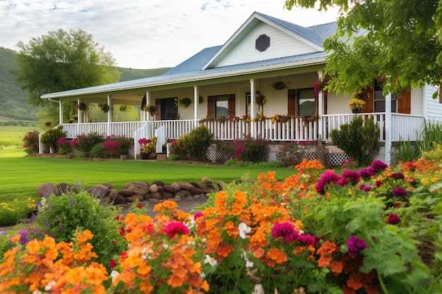 Ranch house con portico avvolgente circondato da fiori colorati
