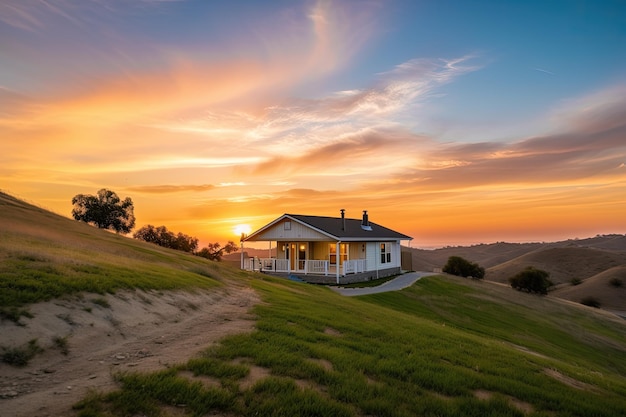 Ranch house con vista sul tramonto circondata da dolci colline create con l'intelligenza artificiale generativa