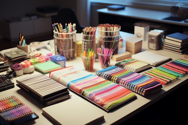 Random Delight Bright Pencils and Notebooks in Array