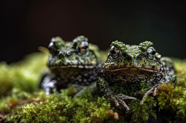 Rane muscose vietnamite che si nascondono nel muschio su uno sfondo verde Theloderma corticale