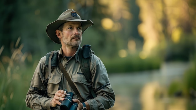 Ranger del parco con un cappello e un binocolo