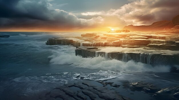 Rapidi rocciosi sulla riva di un'isola bagnata dal mare al tramonto