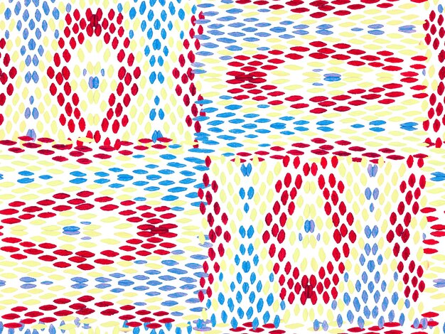 Rapporto Ikat Geosimmetrico Blu e Rosso. Design etnico dell'acquerello. Motivo geometrico vivace per costumi da bagno. Modello senza cuciture etnico. Texture casuale della pelle di serpente. Sfondo estivo rombo.