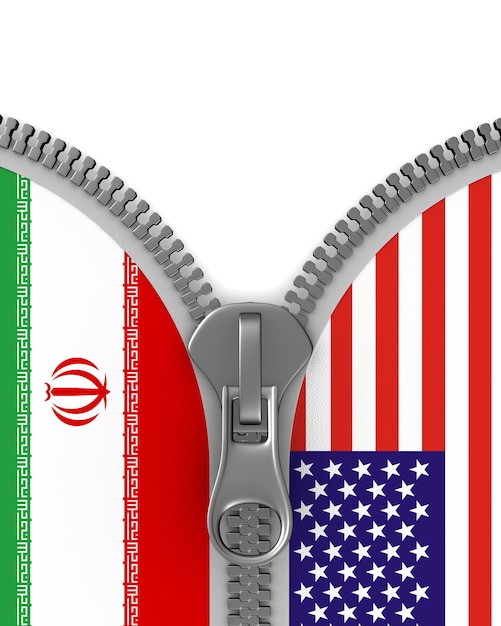 Rapporto tra America e Iran su sfondo bianco. Illustrazione 3D isolata