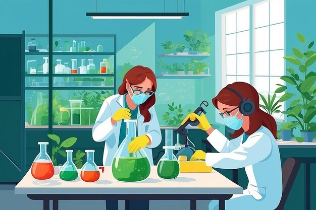 Rappresenta un laboratorio di biologia con studenti che conducono esperimenti sugli effetti ecologici dei pesticidi