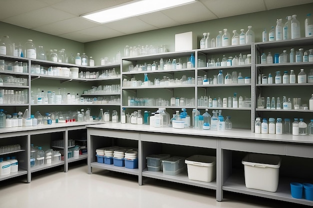 Rappresenta un laboratorio scolastico ben organizzato con scaffali etichettati che contengono reagenti chimici e attrezzature