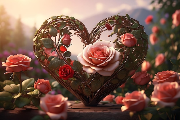 Rappresenta un paesaggio da sogno con una rosa a forma di cuore composta da intricate
