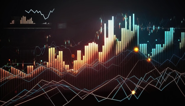 Rappresentano il grafico finanziario delle linee del grafico del mercato azionario generativo AI su sfondo astratto tecnologico