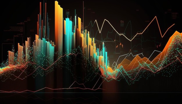 Rappresentano il grafico finanziario delle linee del grafico del mercato azionario generativo AI su sfondo astratto tecnologico