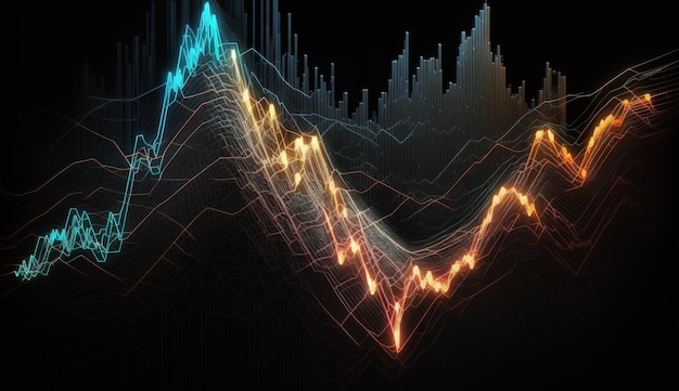 Rappresentano il grafico finanziario delle linee del grafico del mercato azionario generativo AI su sfondo astratto tecnologico