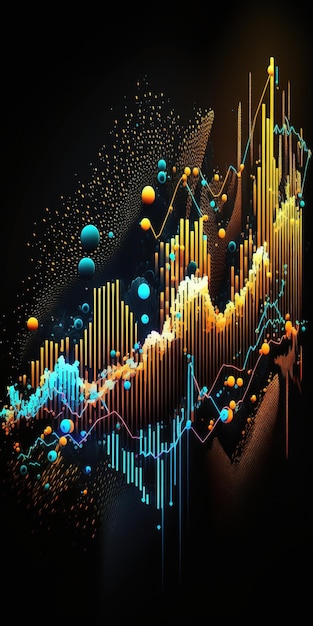 Rappresentano il grafico finanziario delle linee del grafico del mercato azionario generativo AI su sfondo astratto tecnologico