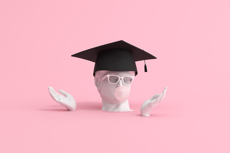 Rappresentazione 3d del cappuccio di graduazione sulla scultura umana felice.