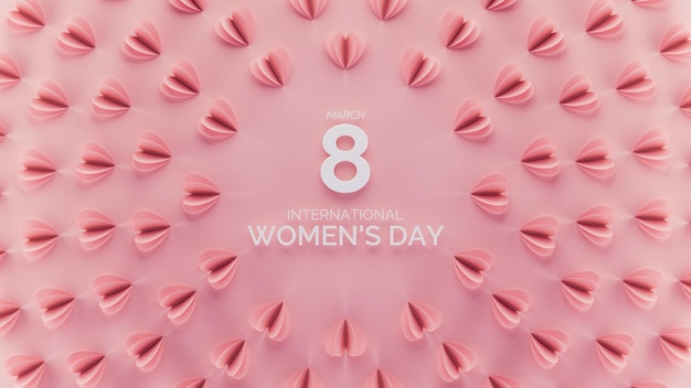 Rappresentazione 3d del messaggio della giornata internazionale della donna circondato da cuori rosa e rossi