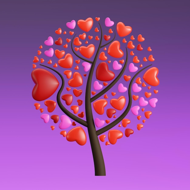 Rappresentazione 3d dell'albero con un cuore d'amore su sfondo a colori