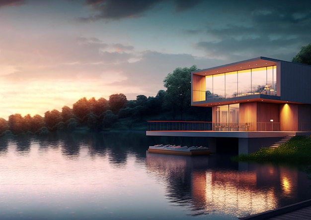Rappresentazione 3d della casa moderna dal fiume alla sera