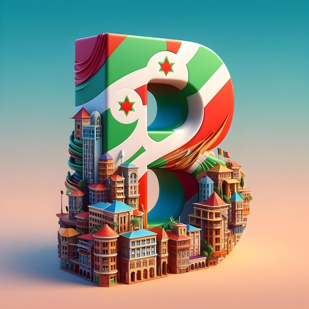 Rappresentazione 3D della lettera B sullo sfondo colorato della capitale e della bandiera del Burundi