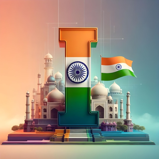 Rappresentazione 3D della lettera che ho impostato sullo sfondo colorato della capitale e della bandiera dell'India