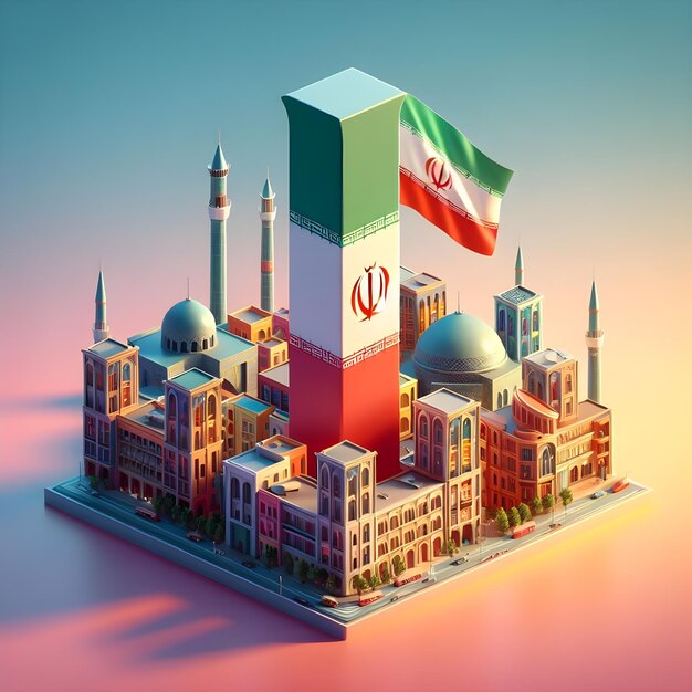 Rappresentazione 3D della lettera che ho impostato sullo sfondo colorato della capitale e della bandiera dell'Iran