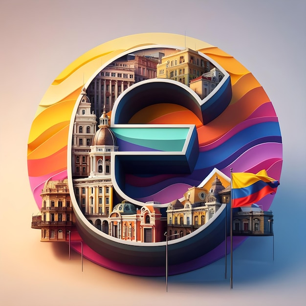 Rappresentazione 3D della lettera E sullo sfondo colorato della capitale e della bandiera dell'Ecuador